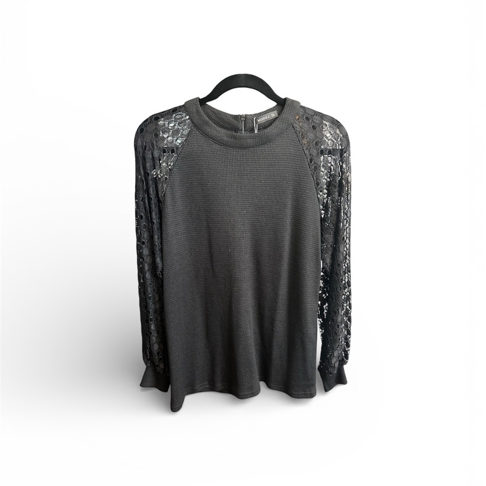 Black Knit Top with Lace Sequin Sleeves
